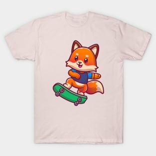 Cute Fox Playing Skateboard Cartoon T-Shirt